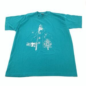 Vintage 90s Single Stitch Lighthouse Print Short Sleeve T-Shirt XL Adult Teal